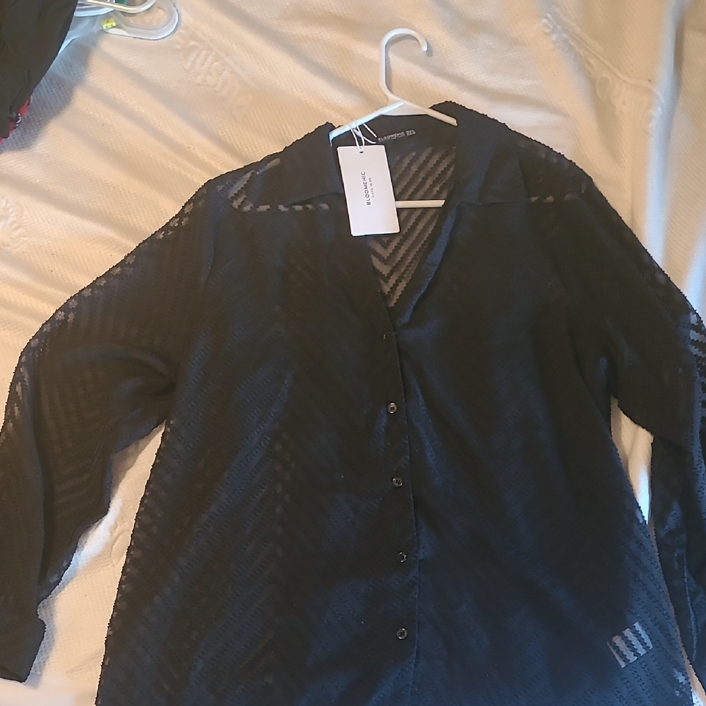 BloomChic Black Sheer Chevron Blouse